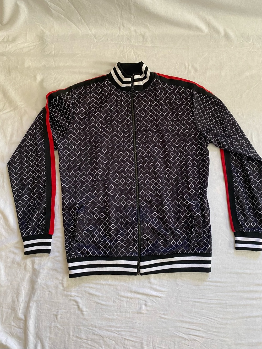 Men's Black Geo-Pattern Tracksuit Jacket with Red Sleeve Stripe